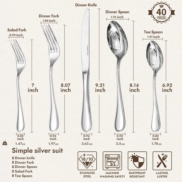 Detalle 2 de Kingstone 40 Piece Teardrop Silverware Set for 8
