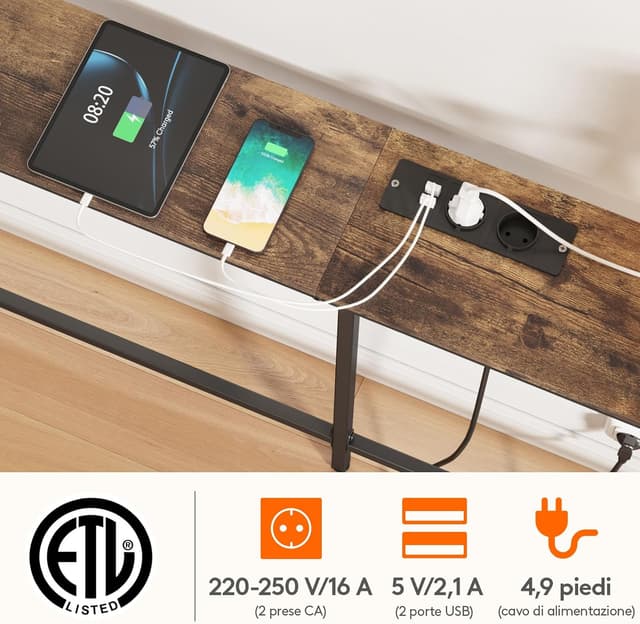 Detalle de Lifewit Consolle Stretta 180 cm con 2 prese e 2 porte USB, tavolo da divano 180x20x80 cm marrone rustico