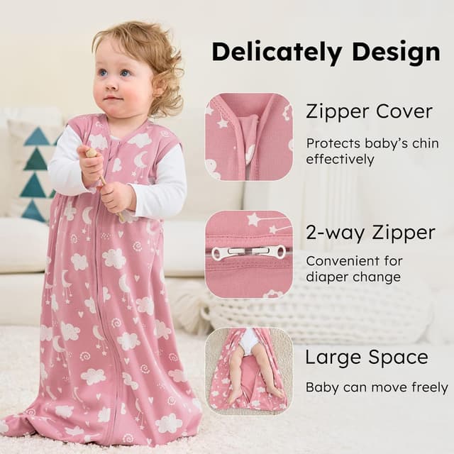 Detalle de FIEMOL Baby-Schlafsack 0,5 Tog für 18–24 Monate (Baumwolle) – 3er-Pack, rosa Sterne