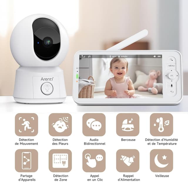 Thumbnail 1 de ARENTI Babyphone 2 Caméras 1080p moniteur bébé avec VOX 🌙