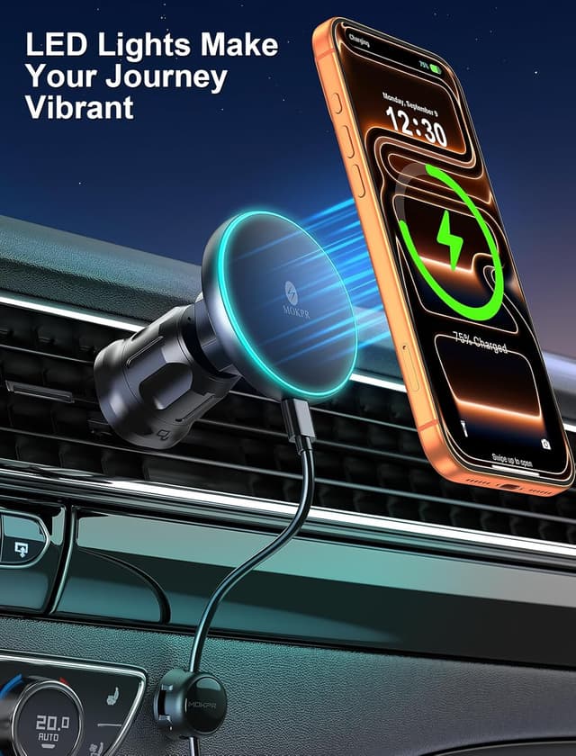 Thumbnail 6 de MOKPR MagSafe car mount charger 15W (Magnetic dashboard/vent holder) – Glossy Black
