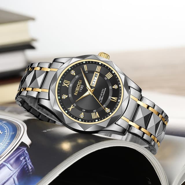 Detalle 2 de NIBOSI Orologio analogico da uomo al quarzo in acciaio inox, impermeabile 3 ATM (30 m) – stile business e casual