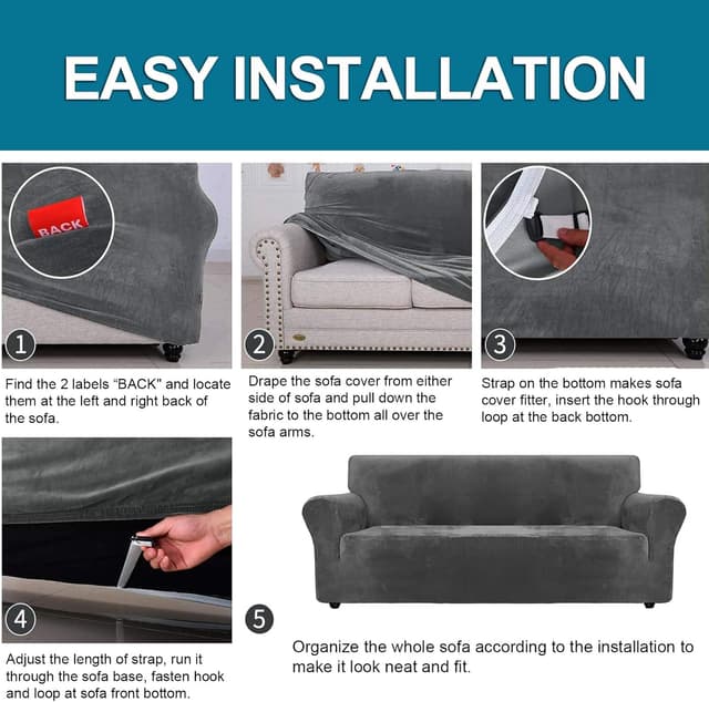 Thumbnail 6 de YSTELLAA housse de canapé en velours extensible 2 places universelle avec accoudoirs – gris