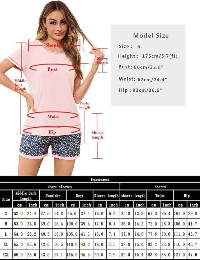 Detalle 2 de Litherday Damen-Schlafanzug kurz: Kurzarm-Pyjama-Set aus Baumwolle mit Taschen