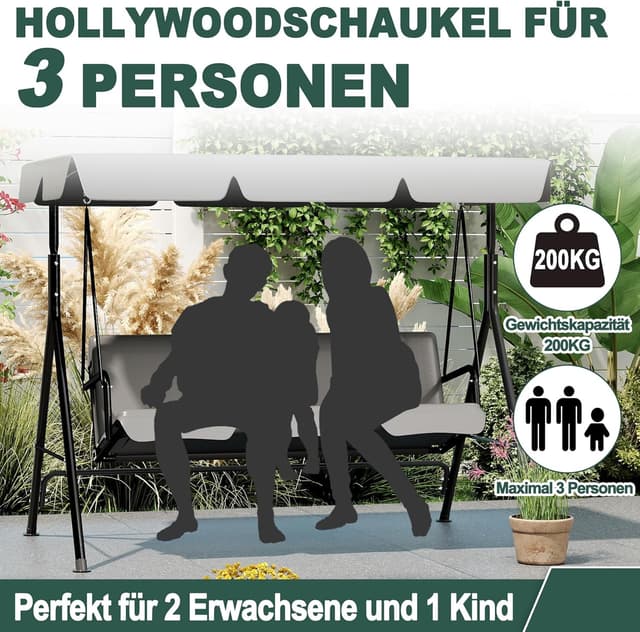 Detalle 2 de UISEBRT Hollywoodschaukel für 3 Personen mit verstellbarem Sonnendach – belastbar bis 200 kg, wetterfest (Grau)