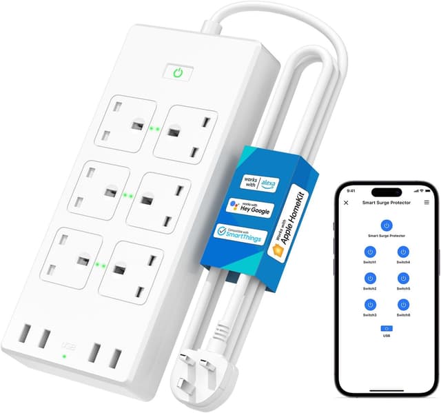 Detalle de Meross Smart Power Strip (6 Outlets + 4 USB Ports) with HomeKit & Alexa control, 6ft lead