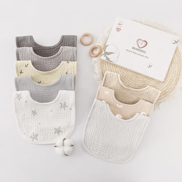 Detalle de bearmoss Muslin Baby Dribble Bibs (100% Cotton) – 8-Pack Adjustable Bandana Bibs for Drool & Teething