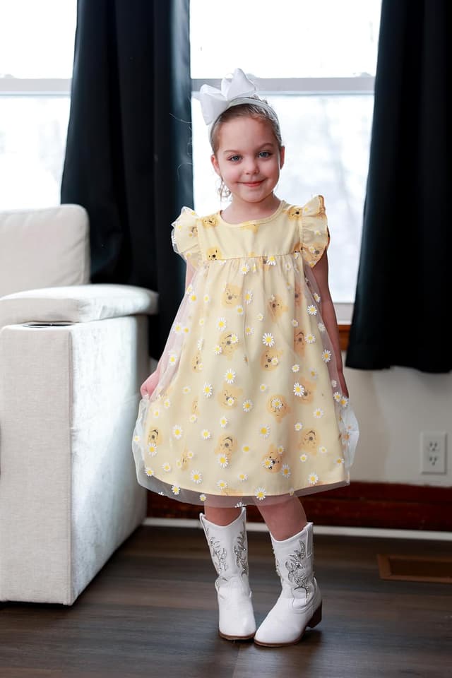 Detalle de Disney Winnie the Pooh Toddler Girl Dress with Tulle Skirt, Ruffle Sleeves & Soft Mesh Fabric