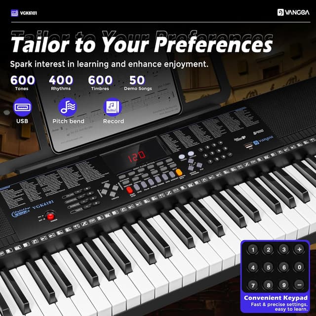 Detalle 2 de Vangoa VGK6101 61-Key Electric Piano Keyboard 🎹