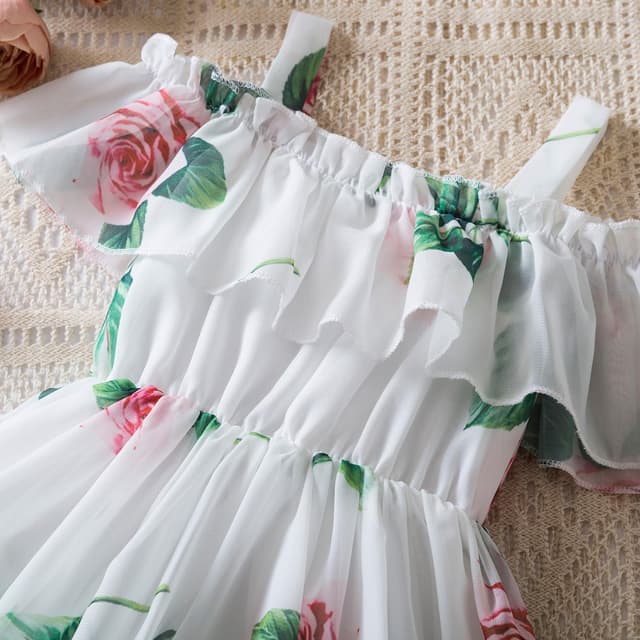 Detalle de JiAmy Toddler Girls Summer Dress – Floral Off-Shoulder Chiffon Ruffle Hem (1–6 Years)