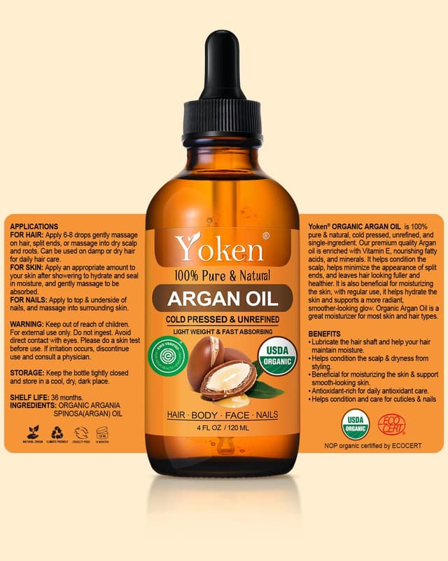 Detalle 2 de Yoken Organic Argan Oil for Hair (USDA Pure, 4 Fl Oz) — cold-pressed argan oil for hair, scalp, face & skin