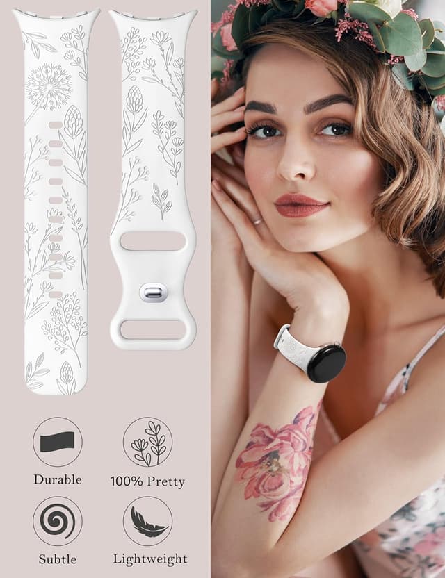 Detalle de TOYOUTHS 2-Pack Floral Engraved Silicone Strap for Google Pixel Watch 4/3 (41mm) & Pixel Watch 2/1 — Black/White