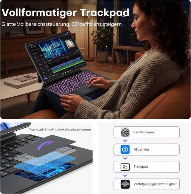 Detalle de OMOTON Tastaturhülle für iPad Air 11 Zoll (M4/M3/M2, 2026/2025/2024) mit Multi‑Touch-Trackpad, deutschem QWERTZ