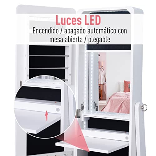 Detalle de HOMCOM joyero de pie con espejo y luces LED reclinable (30x36x146 cm) para anillos, pendientes y collares