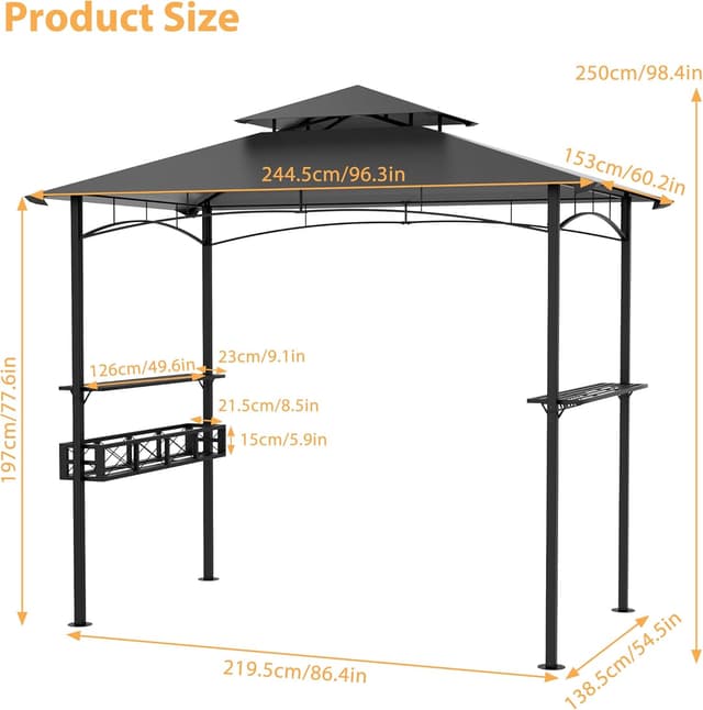 Detalle 2 de Gazebo da giardino impermeabile con tetto a doppio strato 245 x 153 x 250 cm, grigio