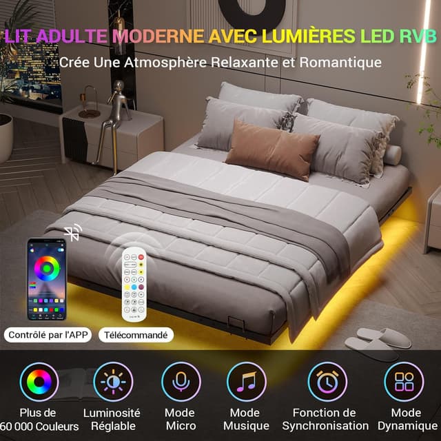 Detalle 2 de DICTAC Lit 140 x 190 avec sommier métal et éclairage LED RVB (sans matelas)