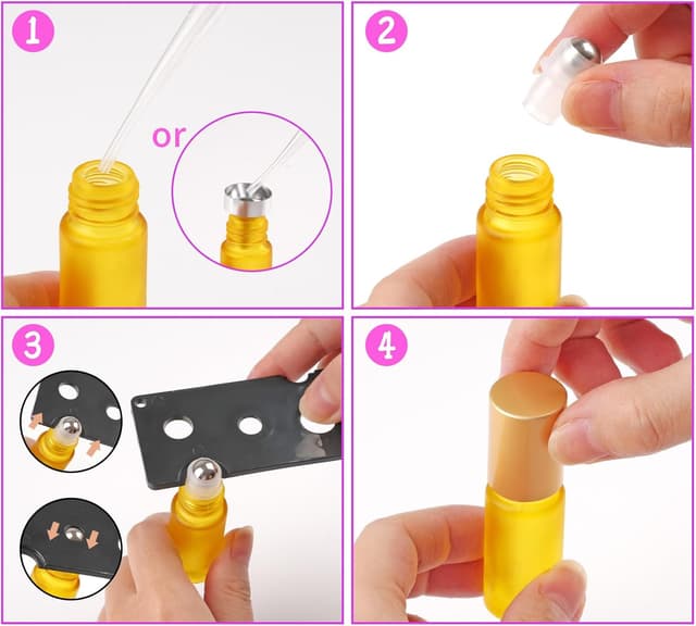 Detalle de Ailvor Roll-on Glasflaschen für Ätherisches Öl (8 Stück), 5 ml mit Edelstahl-Roller und Zubehör