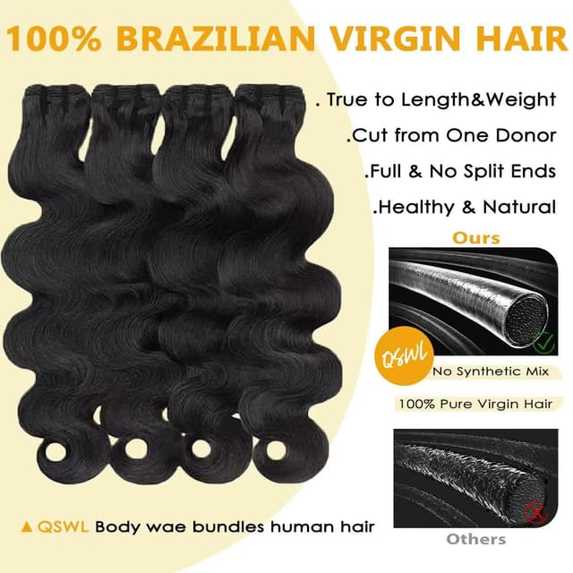 Detalle de 14A Raw Human Hair Bundles (18 20 22 24 Inch) Brazilian Virgin Body Wave, 100% Unprocessed, 4 Bundles