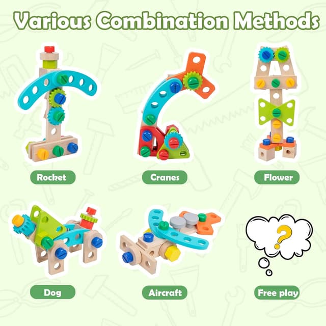 Detalle de Wdmiya Wooden Toys Kids Tools Set (65 PCS) for Ages 2+ — Wooden Tool Box Pretend Play