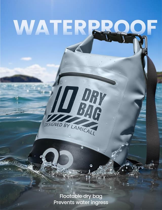 Detalle de Lamicall Dry Bag Waterproof Bag with IPX8 phone pouch (20L, Grey) – PVC 500D drybag for kayaking, camping & boating