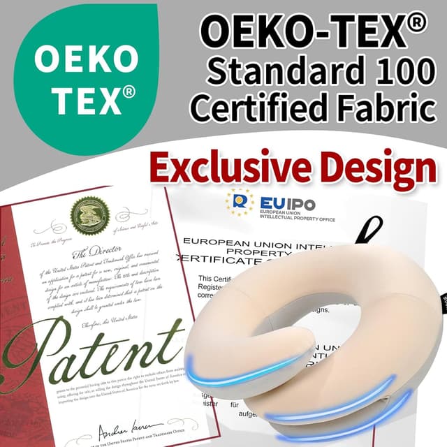 Detalle 2 de BUYUE Travel Neck Pillow for Airplanes with 360° Support and Travel Kit (3D eye mask, earplugs) – Beige, large