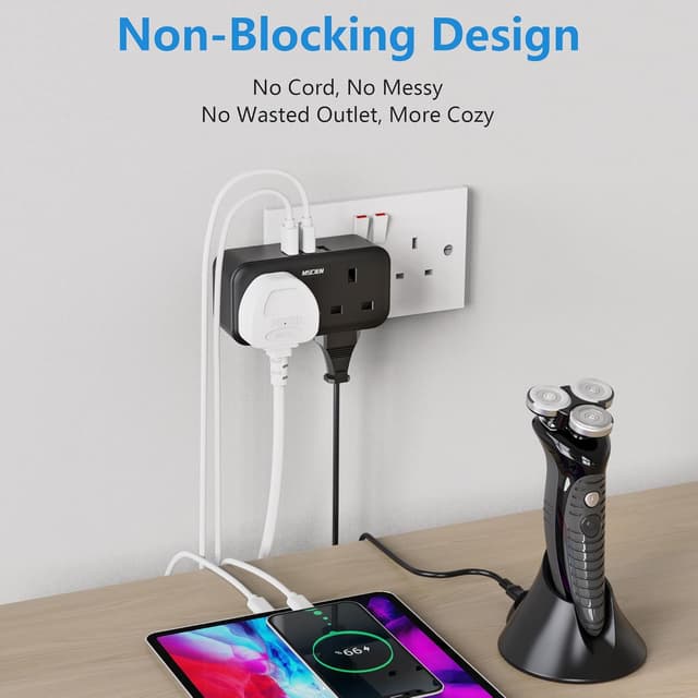 Detalle 2 de Double Plug Adaptor 13A MSCIEN 4 AC Outlets and 3 USB Wall Extension (Black)