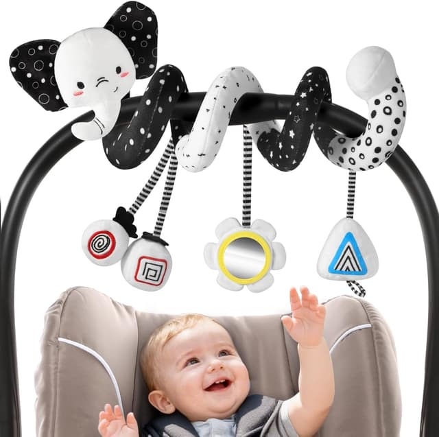 Detalle de URMYWO Spiral Pram Toy for Newborns (0–12 Months) – Black & White High-Contrast Rattles with Giraffe & Hedgehog