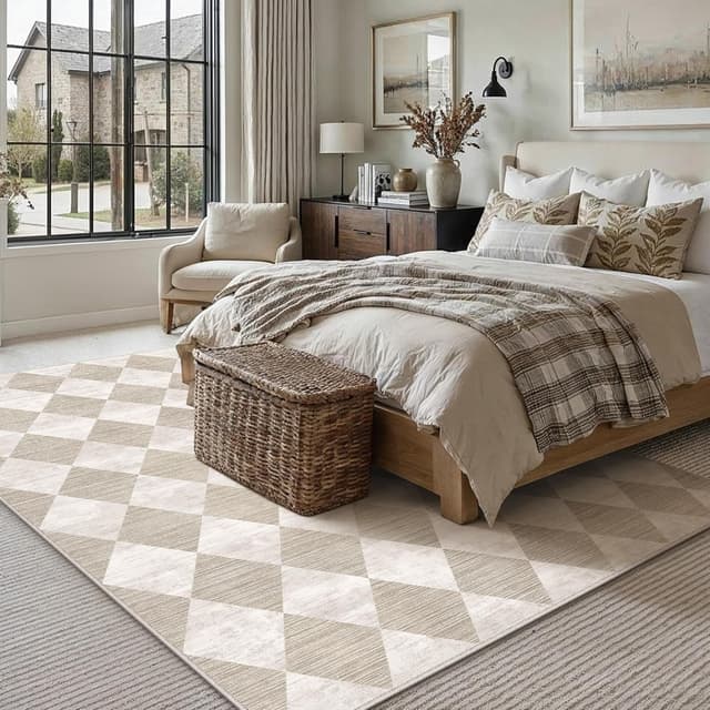 Detalle de PureCozy tappeto salotto 200x300 cm beige lavabile in lavatrice antiscivolo con motivo rombi