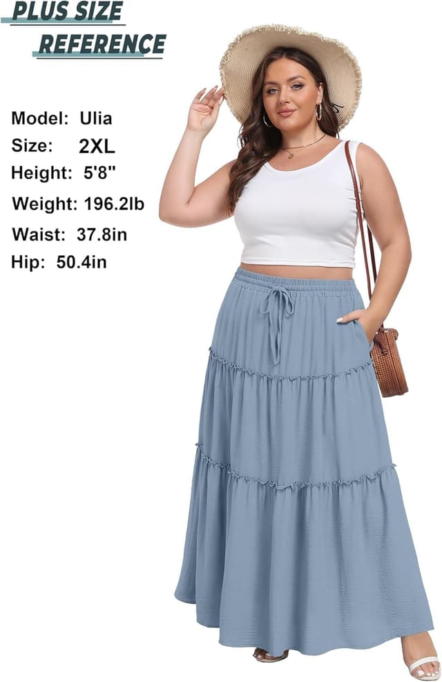 Detalle 2 de QIXING boho maxi skirt for women with pockets and drawstring waist