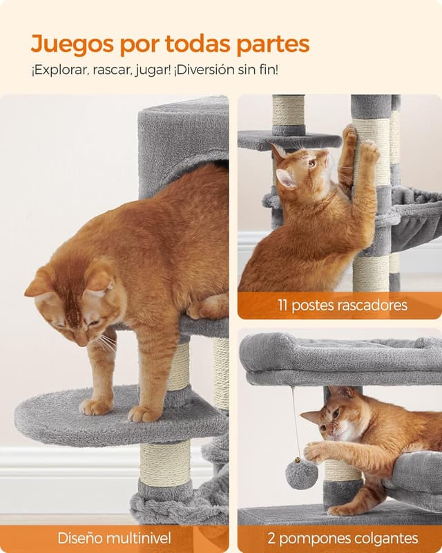 Thumbnail 6 de Feandrea 112 cm Cat Tree (PCT215W01) with 11 Scratching Posts, Hammock & Cave – Light Grey