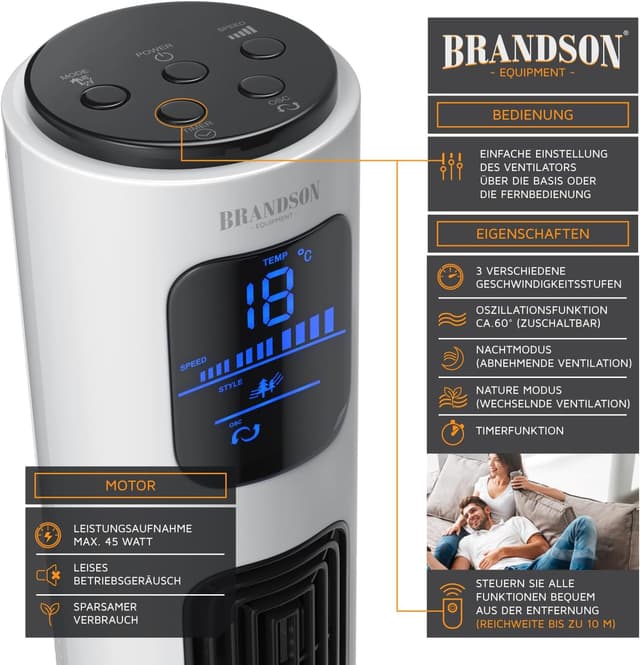 Detalle de Brandson Turmventilator mit Fernbedienung (96 cm) – 45-W-Motor, Oszillation & Timer