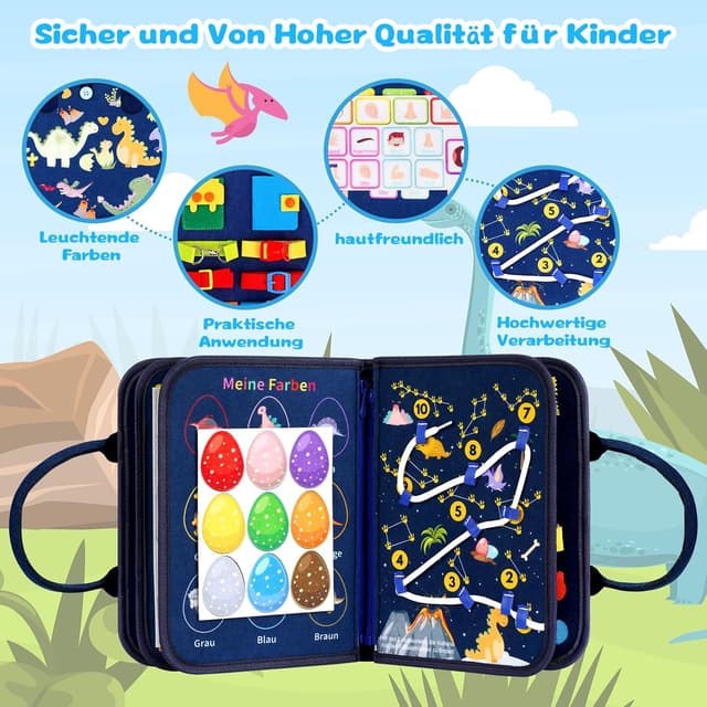 Detalle 2 de Uilfsur Montessori Busy Board (Deutsch) ab 1 Jahr – Motorik- und Aktivitätsbrett mit Dinosaurier-Thema