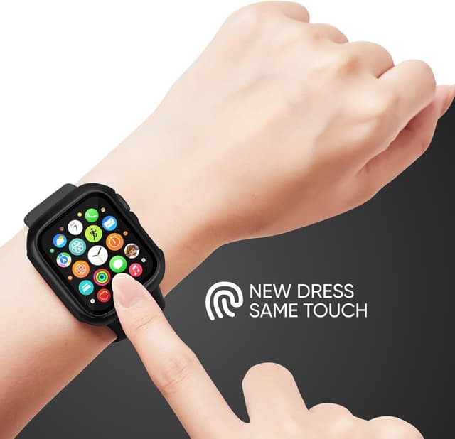 Detalle 2 de Joehwerr 3-in-1 silicone sports strap + protective case with 9H tempered glass for Apple Watch (Series 11/10, 42mm) – Black