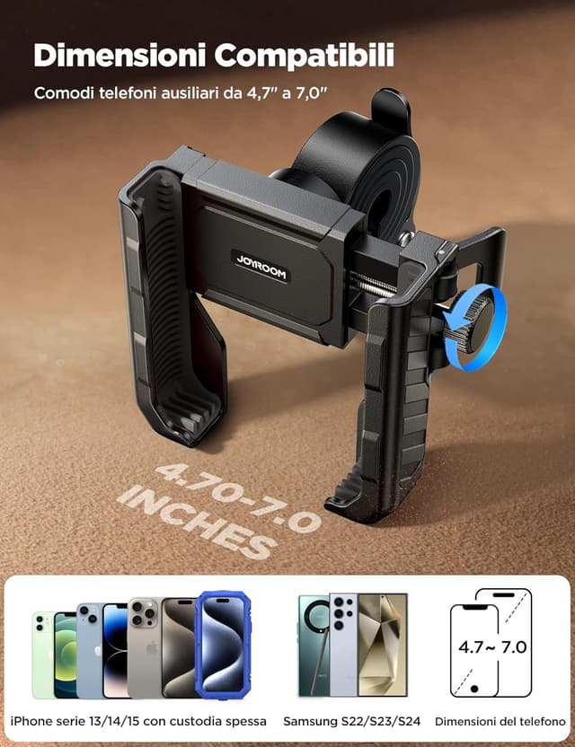 Detalle 1 de JOYROOM 2026 Porta Cellulare Moto con supporto antiscivolo e antiurto, morsetto universale per manubrio 15–40 mm (smartphone 4,7–7,0")