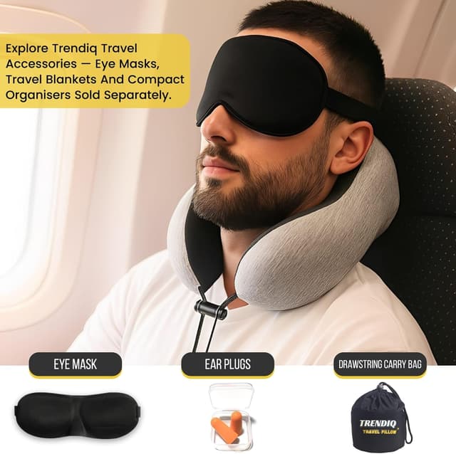 Detalle de TRENDIQ Travel Pillow for Airplane – premium memory foam neck support set with cotton cover, eye mask & ear plugs