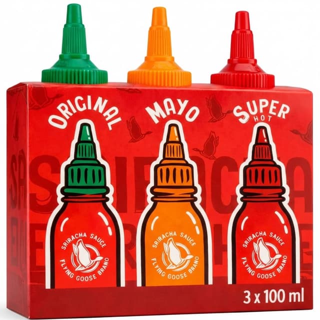 Detalle de Flying Goose Sriracha scharfe Chilisaucen-Mischkarton (3 x 100 ml) als Probierpaket in 3 Geschmacksrichtungen