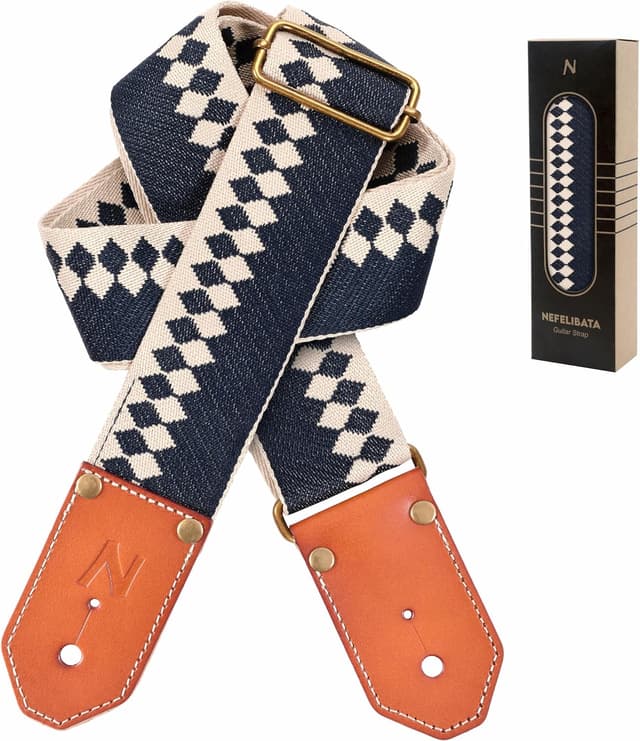 Detalle de Nefelibata Gitarrengurt mit verdickten Leder-Enden (pflanzlich gegerbtes Rindsleder) für Akustik, Bass & E-Gitarre