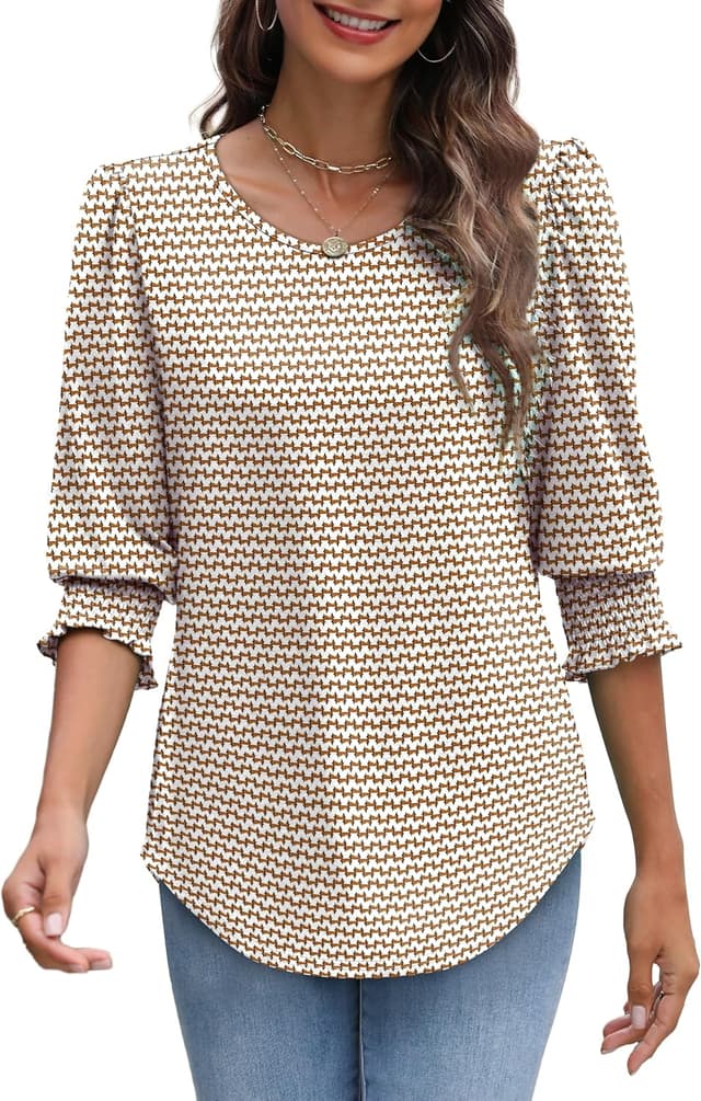 Detalle de Aokosor womens 3/4 sleeve tops – crew neck puff sleeve tunic with curved hem