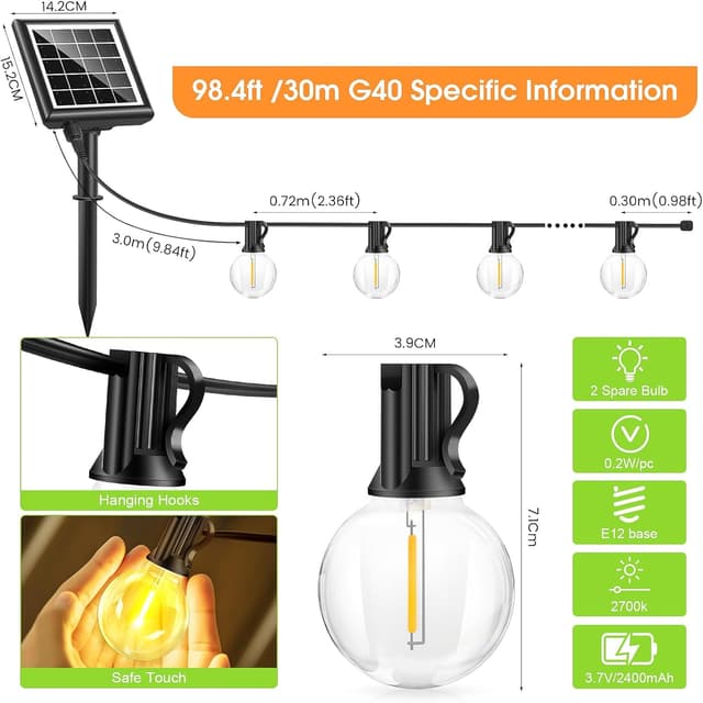 Detalle 2 de Solar String Festoon Lights Outdoor with Remote – 30m USB Rechargeable LED (IP44)