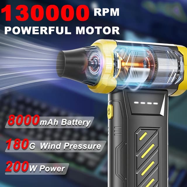Detalle de Soffiatore Aria Compressa elettrico ricaricabile con batteria 8.000 mAh fino a 130.000 rpm (senza fili, 3 velocità) per tastiere e auto