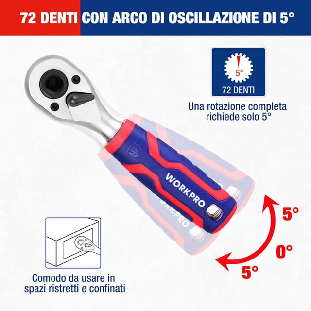 Detalle de WORKPRO Set da 34 bussole e bit con cricchetto 2-in-1, prolunga e snodo universale