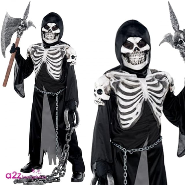Detalle 2 de amscan Kinderkostüm Sensenmann – Skelett-Robe mit Kapuze & Gesichtsmaske (für 12–14 Jahre)