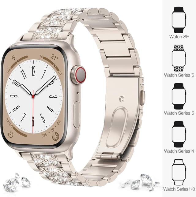 Detalle de JJii Sung Bling Diamond Strap – sparkling rhinestone metal band for Apple Watch 38mm–49mm