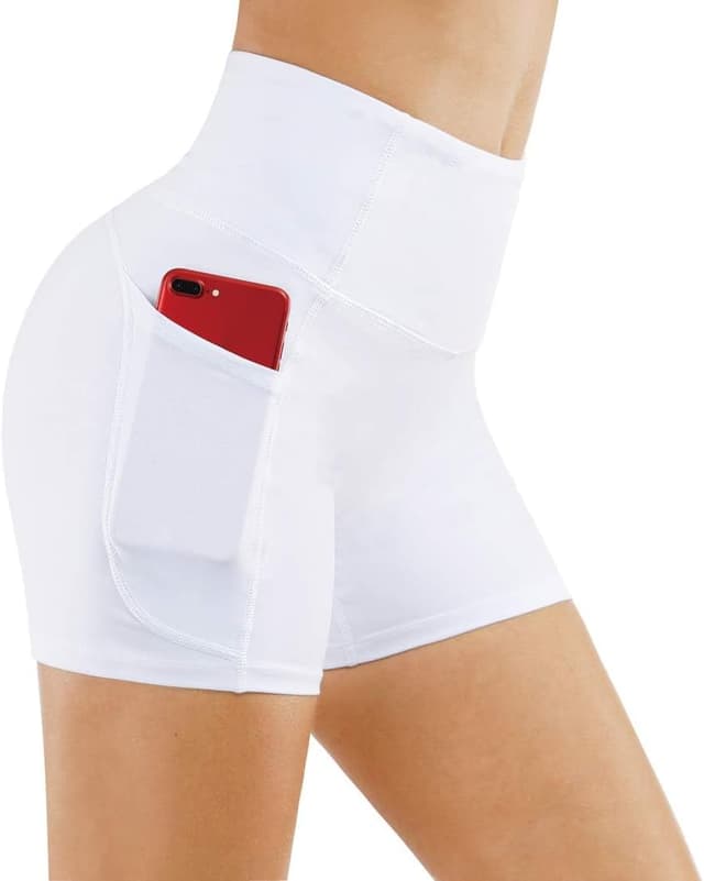Detalle de THE GYM PEOPLE Pantaloncini Sportivi Donna a Vita Alta con Tasche per Yoga, Palestra, Corsa Estiva