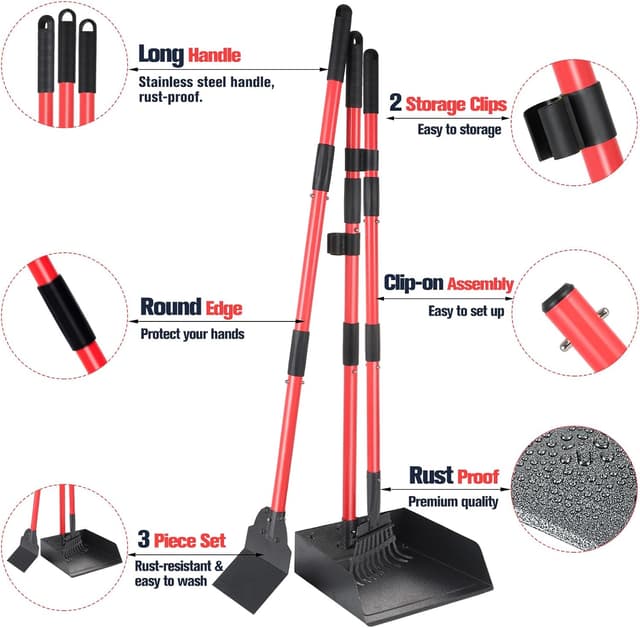 Detalle 2 de Dog Pooper Scooper Tray, Rake & Shovel Kit with Adjustable Metal Long Handle (plus 10 Waste Bags)