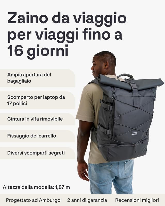 Detalle 2 de Johnny Urban Allen Travel XL rolltop unisex da viaggio, 50 litri con scomparto per laptop 17”