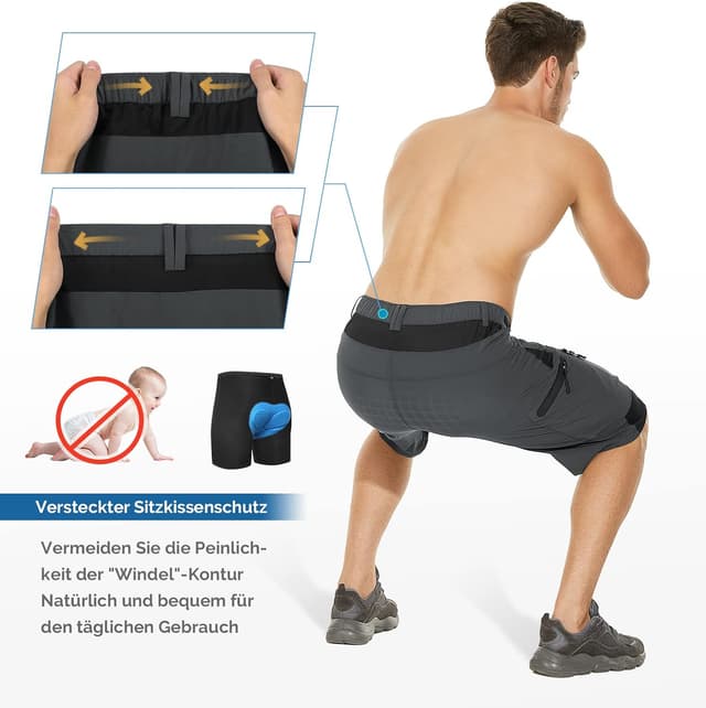 Detalle de Cycorld MTB Hose Herren – Schnelltrocknende Radlerhose mit 4D-Sitzpolster & Taschen (2-in-1-Set)