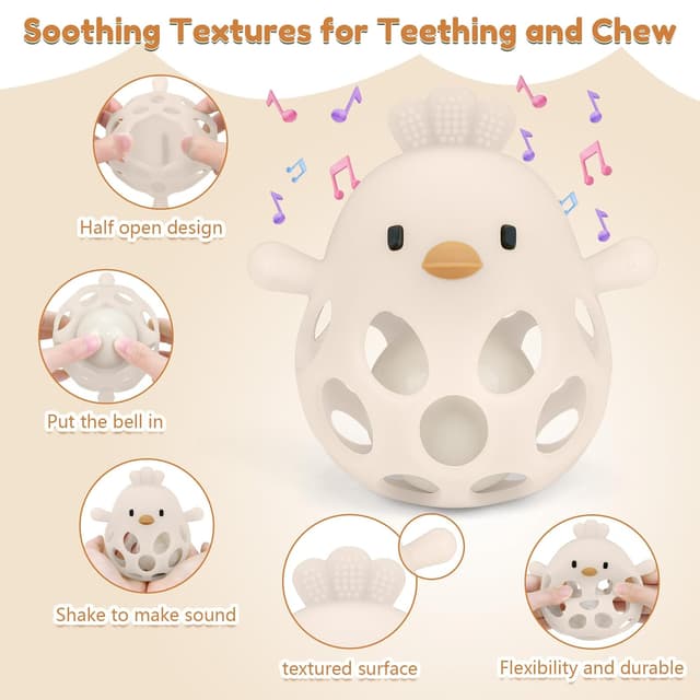 Detalle de MCGMITT Montessori Rassel-Beißring aus Silikon (Baby-Griffball) für Zahnungshilfe, ab 0 Monaten – Beige