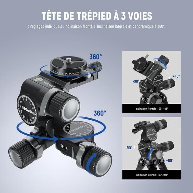 Detalle de NEEWER TH15 : tête de trépied 3 axes panoramique à engrenages (jusqu’à 6 kg) avec plaque QR Arca 360°