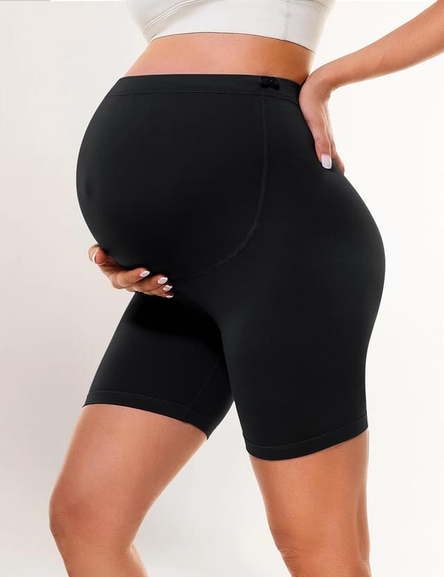 Detalle de BAYDI Creamlush Umstandshose kurz – Schwangerschaftsleggings mit verstellbarem Bund (13 cm)